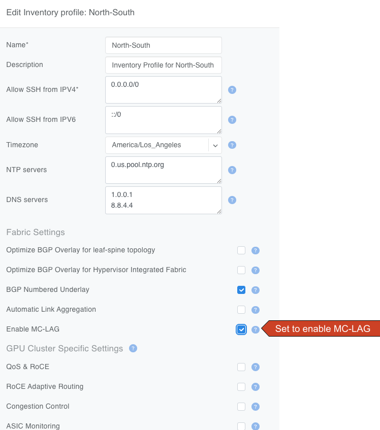 Inventory Profile with Enable MC-LAG checkbox set