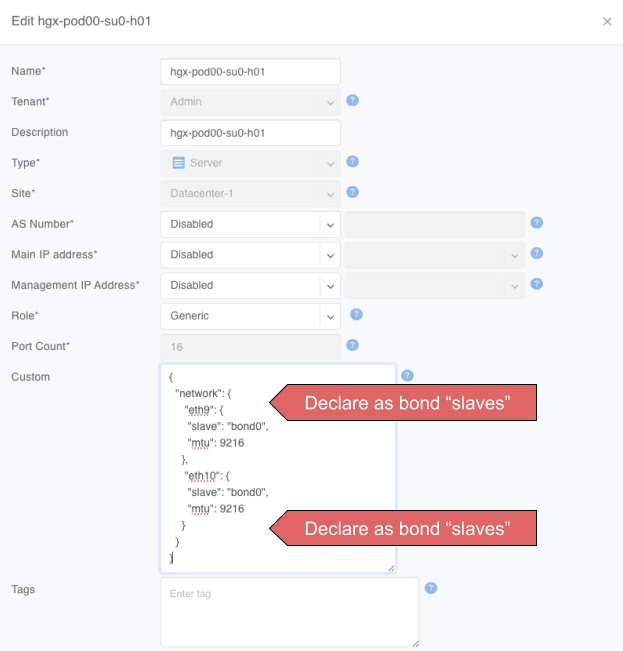 Server Object with custom JSON defining a bond interface