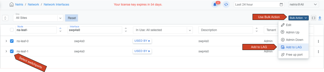 Bulk action menu with Add to LAG option