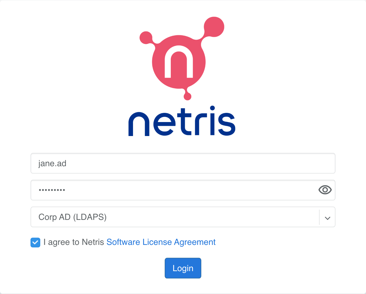 Netris login page with username jane.ad, a masked password, and the Corp AD (LDAPS) scheme selected.