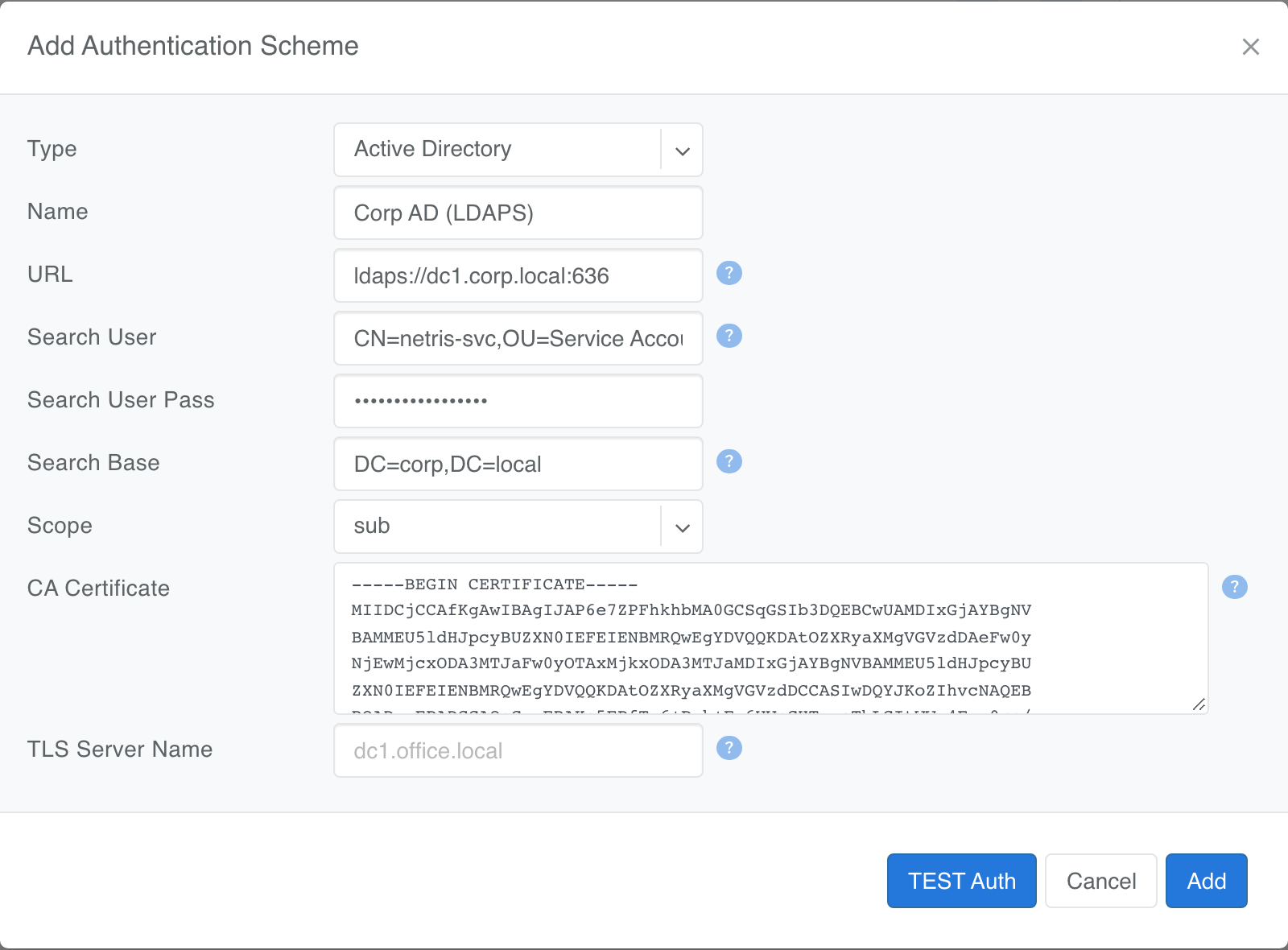 Add Authentication Scheme form filled in with the Active Directory values from the table above.