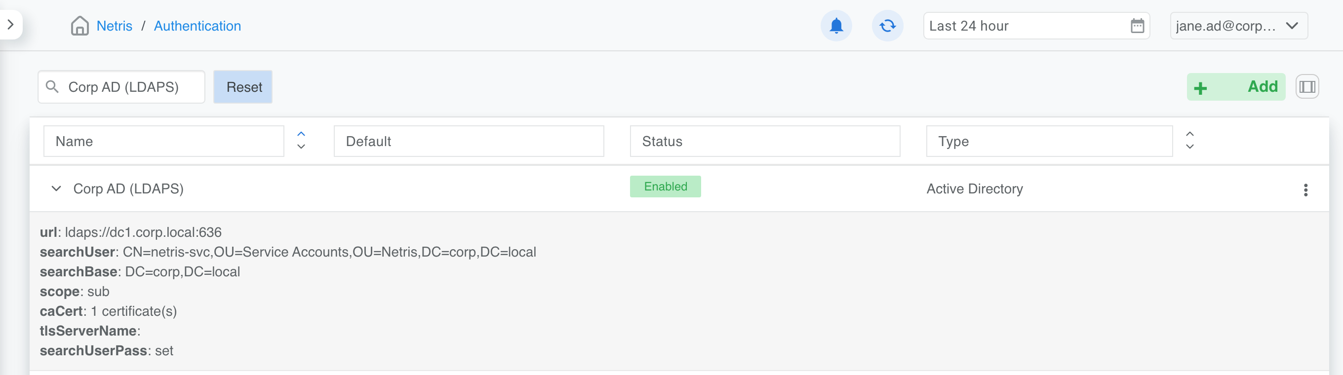 Authentication list with the Corp AD (LDAPS) scheme expanded, showing its URL, search user, search base, scope, one CA certificate, and searchUserPass set.