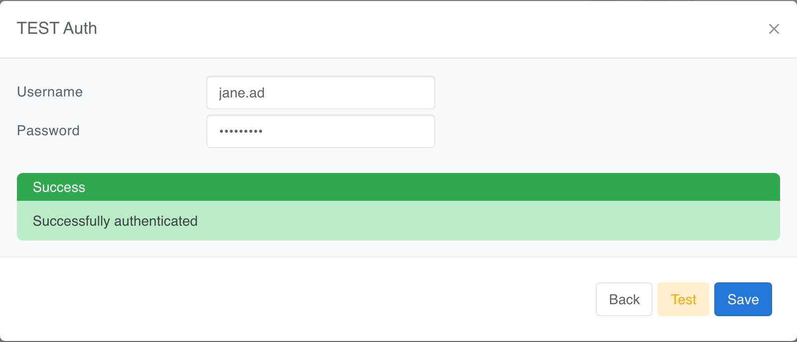 TEST Auth dialog with username jane.ad, a masked password, and a green Successfully authenticated message.
