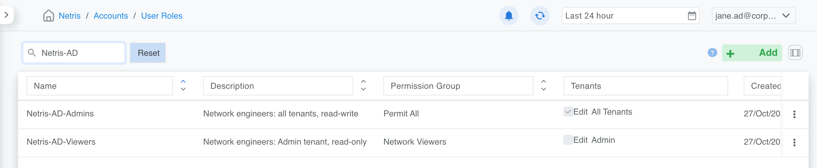 User Roles list showing Netris-AD-Admins with all tenants read-write and Netris-AD-Viewers with the Admin tenant read-only.