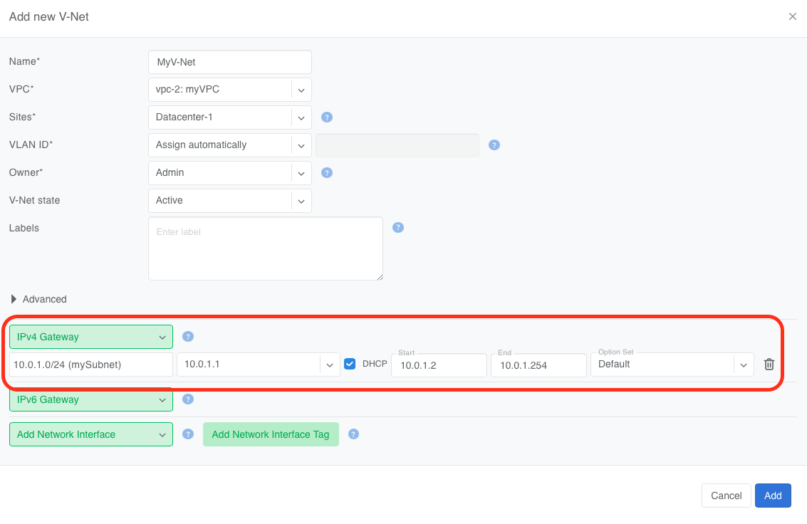 Netris DHCP configuration in V-Net settings