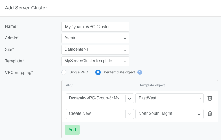 Selecting a Dynamic VPC Group in Server Cluster VPC mapping