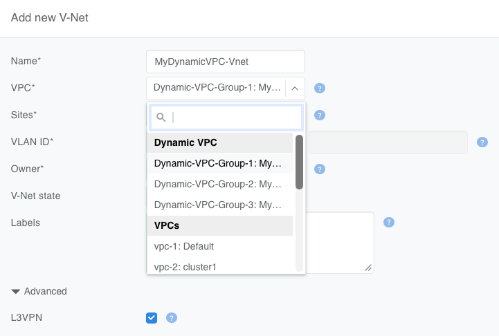 Selecting a Dynamic VPC Group in the V-Net VPC dropdown