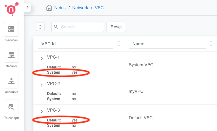 VPC listing showing the System and Default flags set independently across three VPCs